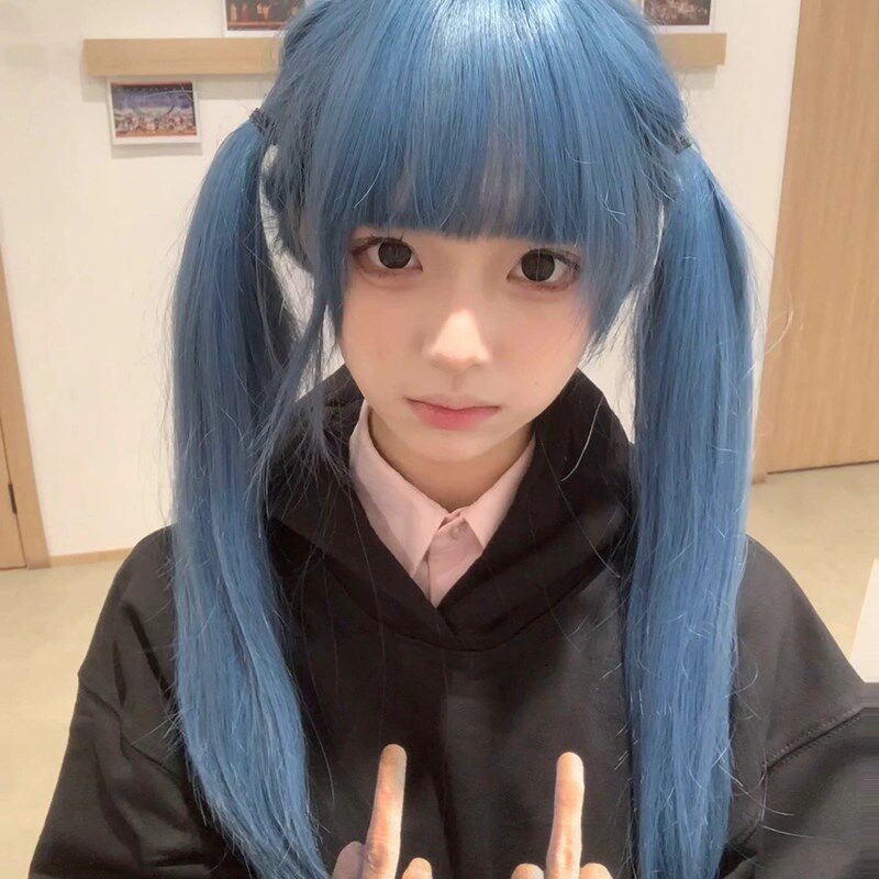 蓝灰色假发女长发新款齐刘海可爱减龄长直发网红lolita全头套式