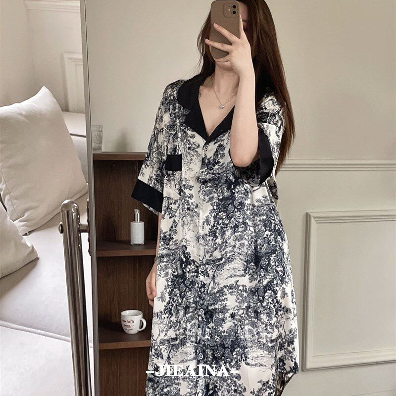 水墨画冰丝衬衫睡裙女夏天薄款宽松短袖丝绸中长款睡衣裙子可外穿