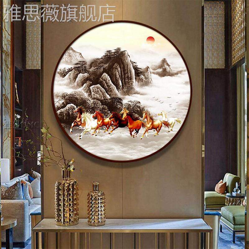 网红壁画画八骏图装饰八画匹圆形客厅马办公画室骏马挂字玄关马到