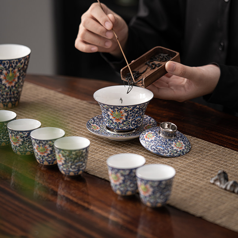 掐丝银彩羊脂玉瓷茶具套装珐琅彩陶瓷茶杯高端轻奢白瓷中式复古风