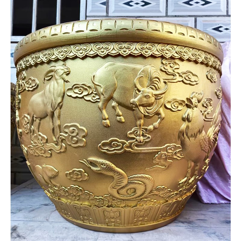 景德镇陶瓷大水缸养鱼缸描金雕刻荷花睡莲花盆风水古法客厅招财缸