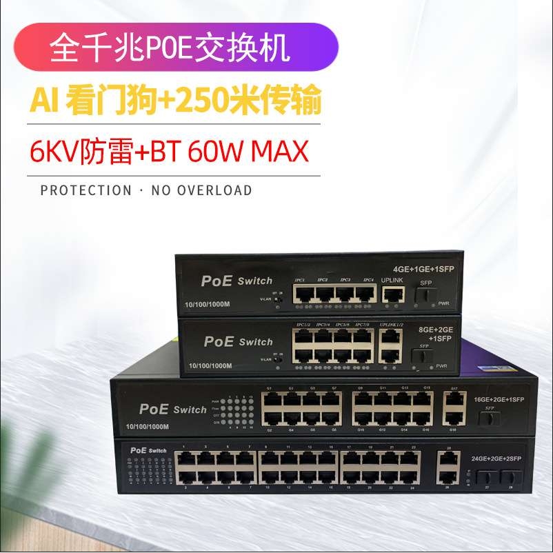6口10口全千兆PoE交换机AI看门狗6KV防雷19-28口机架式AI智能