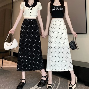 直筒波点半身裙女2025夏季 A字裙 新款 高腰显瘦气质开叉中长款