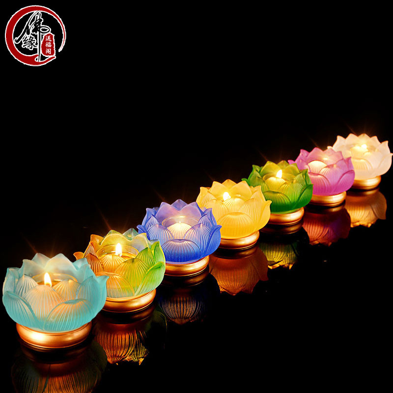 七彩琉璃莲花灯酥油灯灯盏底座蜡烛供佛家用老式传统烛台佛堂供奉