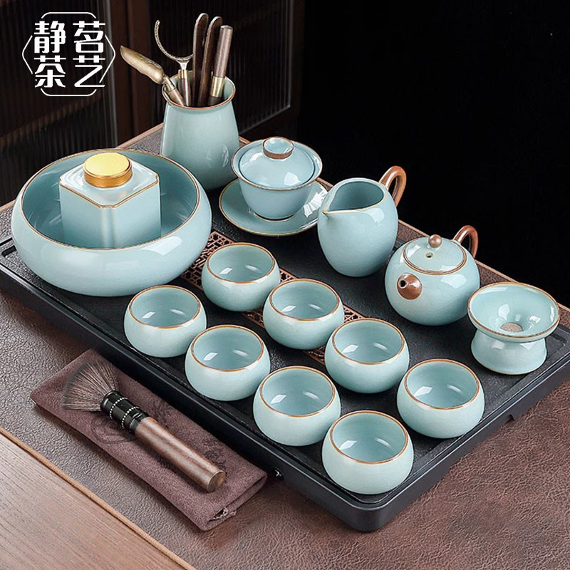 景德镇汝窑茶具套装新款功夫茶杯高档轻奢陶瓷盖碗泡茶壶喝茶杯