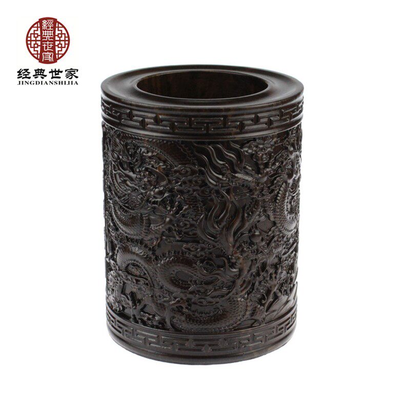 仿古中式工艺品摆件实木雕刻红酸枝花梨木黑檀木质办公红木笔筒