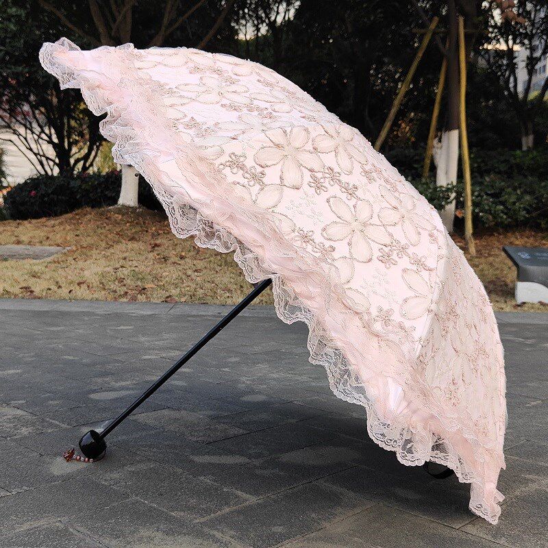 高档粉色蕾丝太阳伞黑胶双层防紫外线防晒遮阳晴雨两用洋伞公主伞