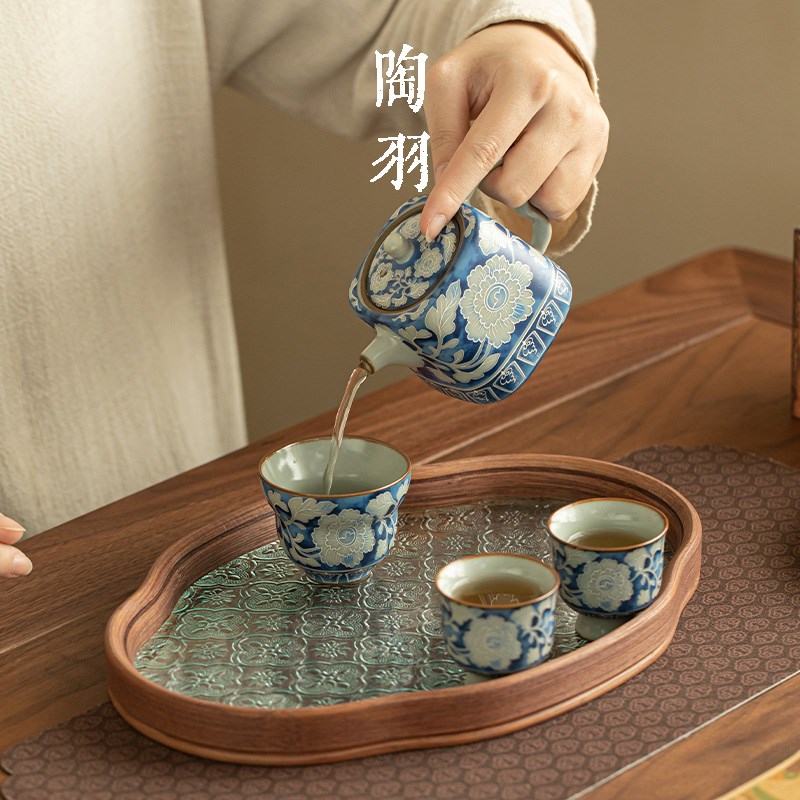 汝窑元青花四方壶家用陶瓷泡茶壶茶杯高档带茶盘功夫茶具套装茶盏