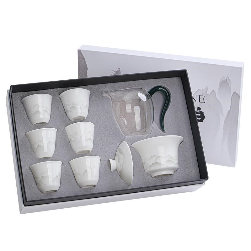 简约水墨远山功夫茶具新中式羊脂玉白瓷盖碗侧把壶喝茶杯套装礼盒