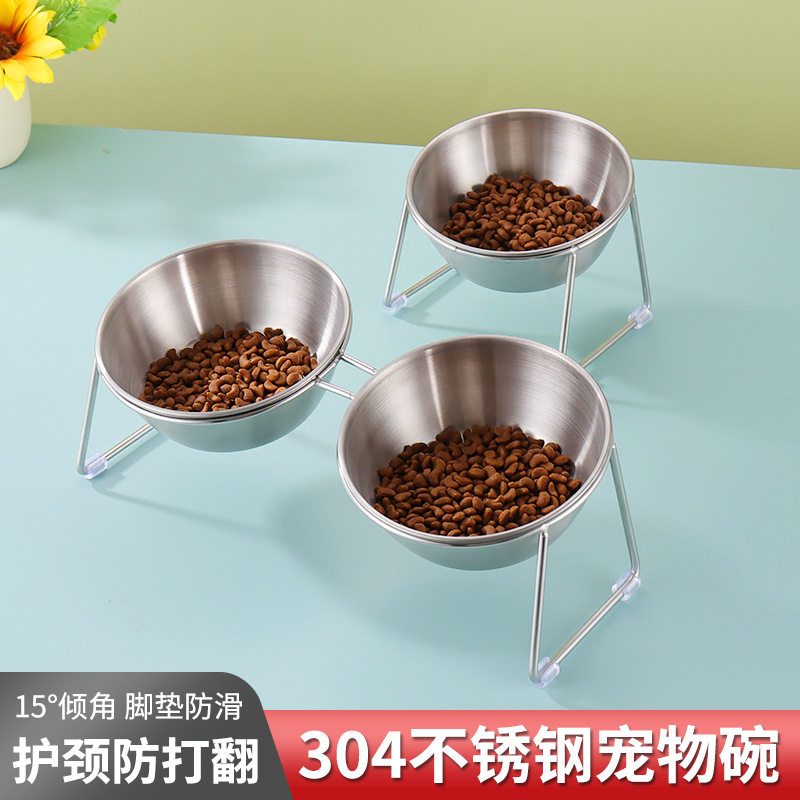 猫咪双碗狗食盆304不锈钢宠物食具护颈防打翻吃饭喝水两用二合一