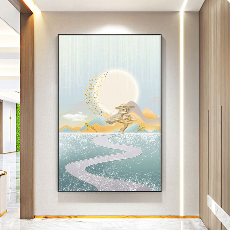 现代轻奢入户正对门玄关装饰画y发财树挂画简约竖版走廊过道客厅图片