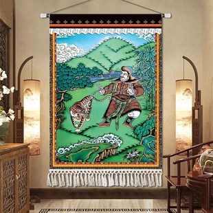 藏式西藏招财财神大象吉祥驭虎挂画挂布客厅通道背景墙装饰画挂毯