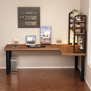 实木转角电脑桌板L型加厚书桌书架一体双人办公桌洞洞板异形定制