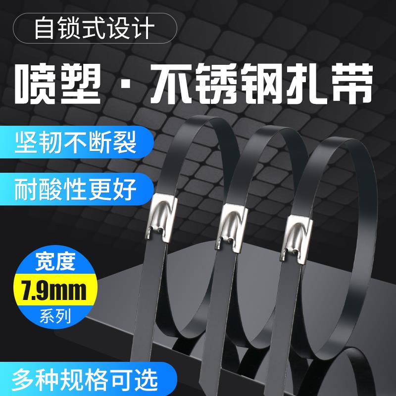 喷塑不锈钢扎带 8*100/150/200/250/300金属船用黑色钢带电缆扣带