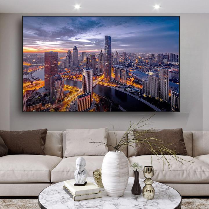 天津城市夜景装饰画现代风景客厅酒店床头挂画高楼大厦建筑壁画图片