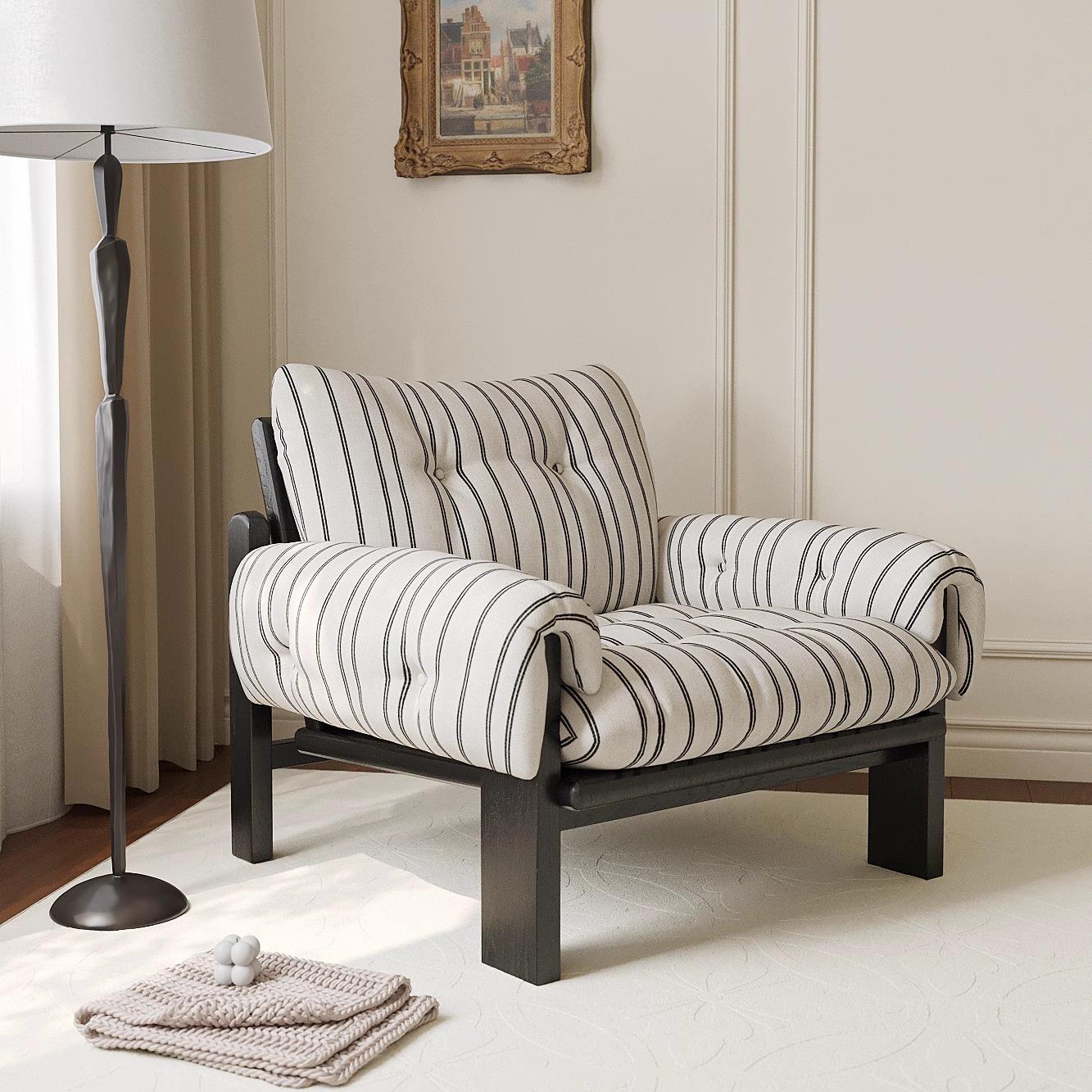 极简轻法式中古覆古单人沙发椅中古风客厅棉麻可拆洗慵懒休闲椅