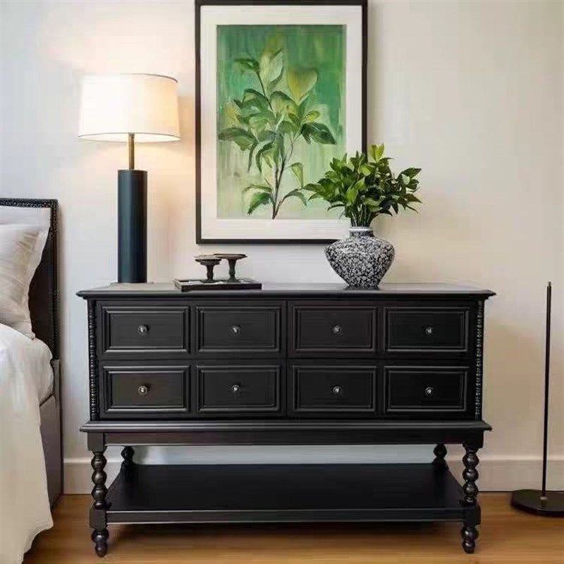 法式黑色实d木玄关柜复古客厅过道中古风斗柜隔断柜屏风靠墙置物