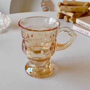 ins复古欧式 山姆优选蓝创 水杯茶杯家用奶茶杯琥珀色玻璃杯带把手