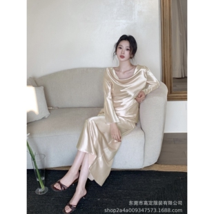 上衣女复古气质显 山姆优选高定%醋酸香槟色富贵千金荡领缎面长袖
