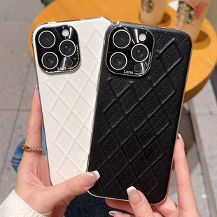 津齐适用苹果16promax电镀素皮菱格手机壳iPhone16pro镜头全包高级感苹果15pro超薄防摔奢华时尚女生软保护套