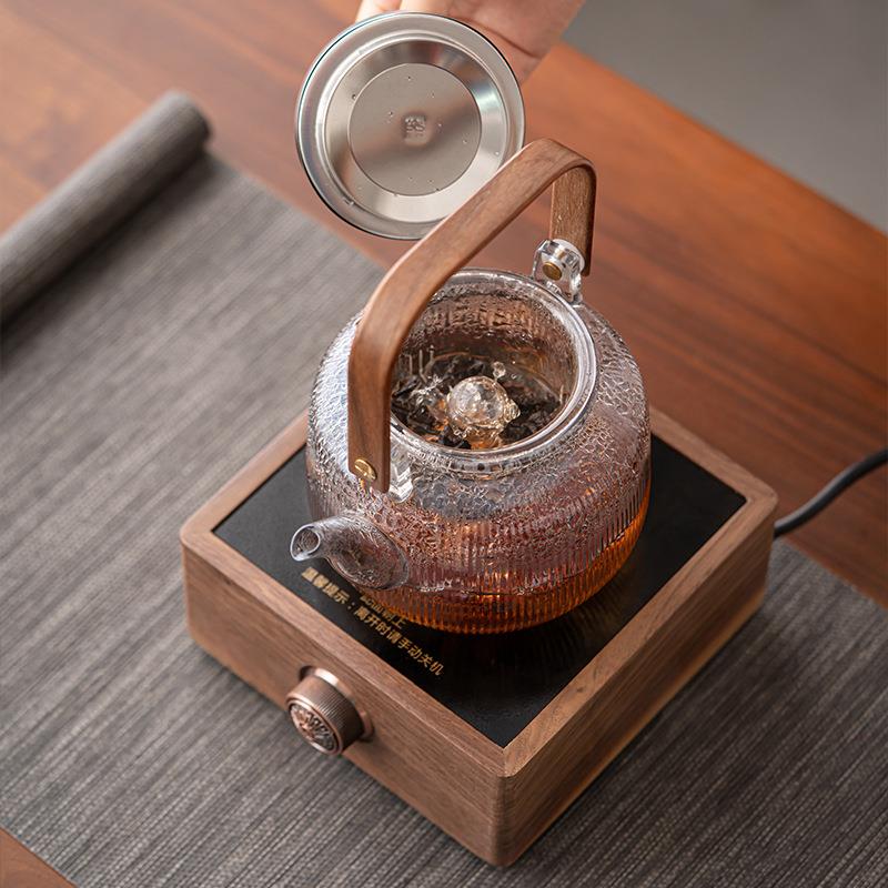 胡桃木电陶炉煮茶器家用玻璃煮茶壶烧水壶泡茶围炉煮茶电陶炉套装