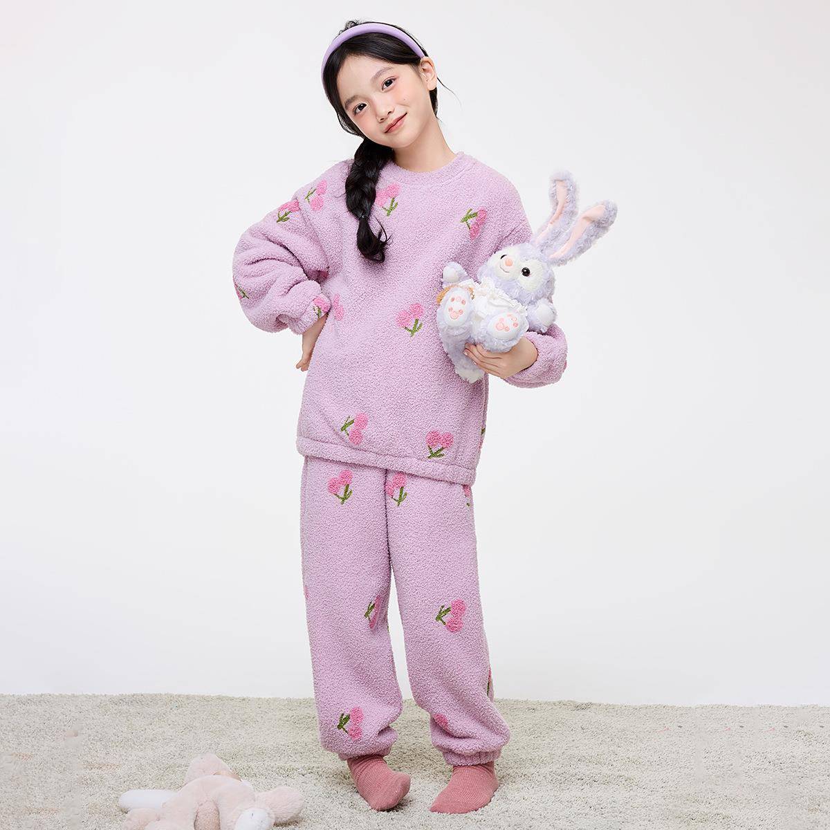 女童家居服套装秋冬季新款小女孩洋气珊瑚绒加厚保暖儿童睡衣