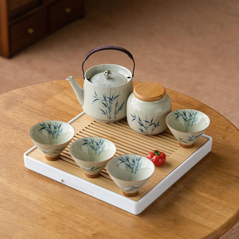 草木灰手绘竹子釉下彩大茶壶茶具套装家用客厅陶瓷茶盘茶具