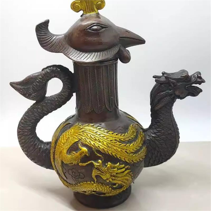仿古纯铜龙凤酒壶龙凤呈祥茶壶家居办公室摆设工艺品铜器杂项