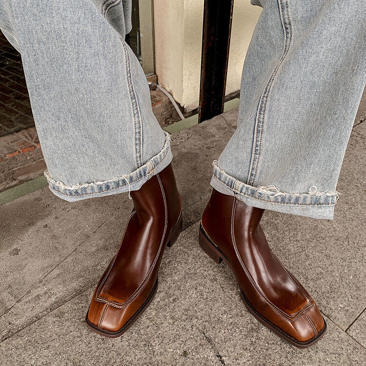 复古方头马丁靴女2023新款小个子显高瘦瘦靴真软皮英伦学院风短靴