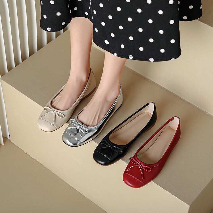 里外全皮圆头蝴蝶结浅口单鞋羊皮韩版低跟复古芭蕾舞平底鞋柔软潮
