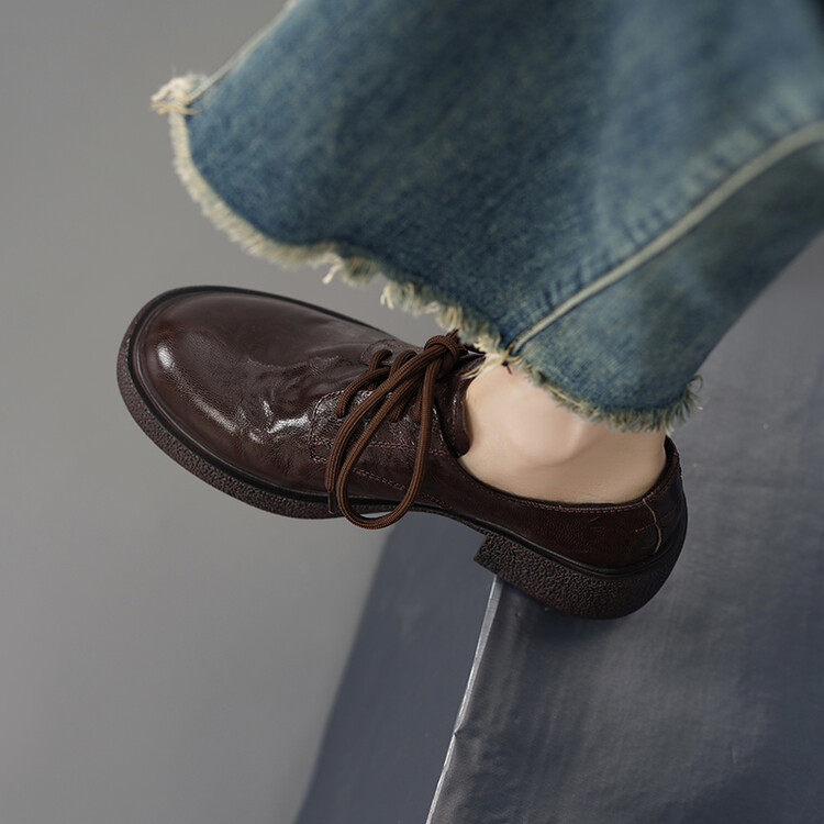 复古风粗跟小皮鞋女鞋2024年秋季新品圆头简约系带通勤中跟女单鞋