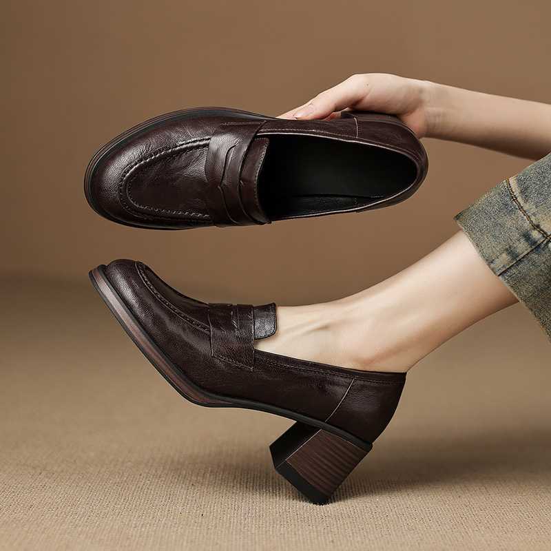 巨好看真皮乐福鞋女2025新款小羊皮不累脚单鞋一脚蹬小皮鞋高跟鞋