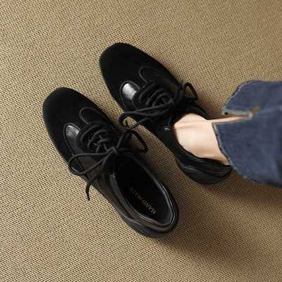 巨好穿软底不累脚法式单鞋女春秋圆头中跟平底真皮厚底系带小皮鞋