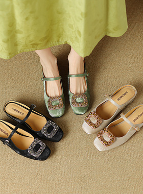 外穿半拖水钻绿色舒适一字带包头拖鞋女夏季真皮平底内增高凉拖鞋