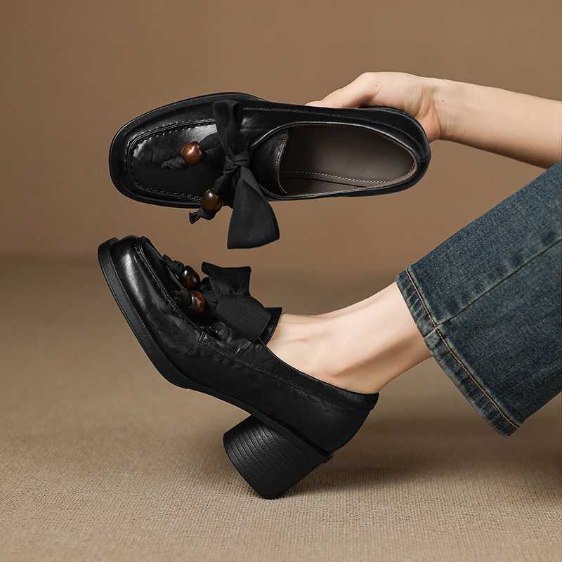 5cm粗跟中跟软底方头乐福鞋女法式复古绝美蝴蝶结百搭纯色小皮鞋