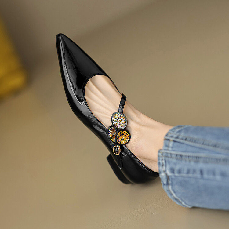 2024新款法式复古金花玛丽珍鞋女尖头设计真皮浅口平底单鞋