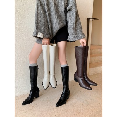 白色长筒靴女2025新款尖头粗跟显