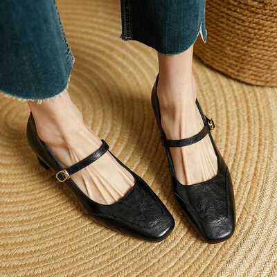 法式复古玛丽珍女鞋超软羊皮单鞋女方头真皮软皮小皮鞋粗跟高跟鞋