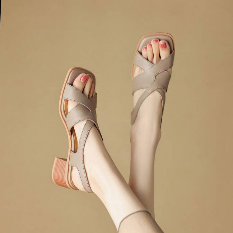 法式杏色粗跟露趾凉鞋女夏2025新款羊皮中跟百搭软底鱼嘴罗马女鞋,户外/登山/野营/旅行用品,登山鞋/徒步鞋,淘宝优惠券,粉丝福利购,淘宝优惠卷