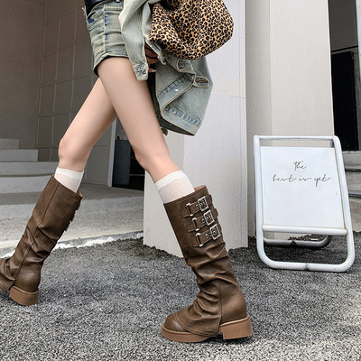 复古牛皮圆头皮带扣皱褶中筒靴女废土风侧拉链做旧裤管西部牛仔靴