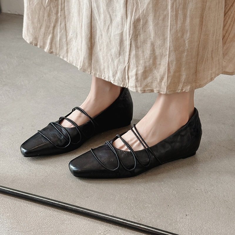 法式交叉绑带方头内增高平底浅口玛丽珍单鞋女2025新款夏季棕黑色
