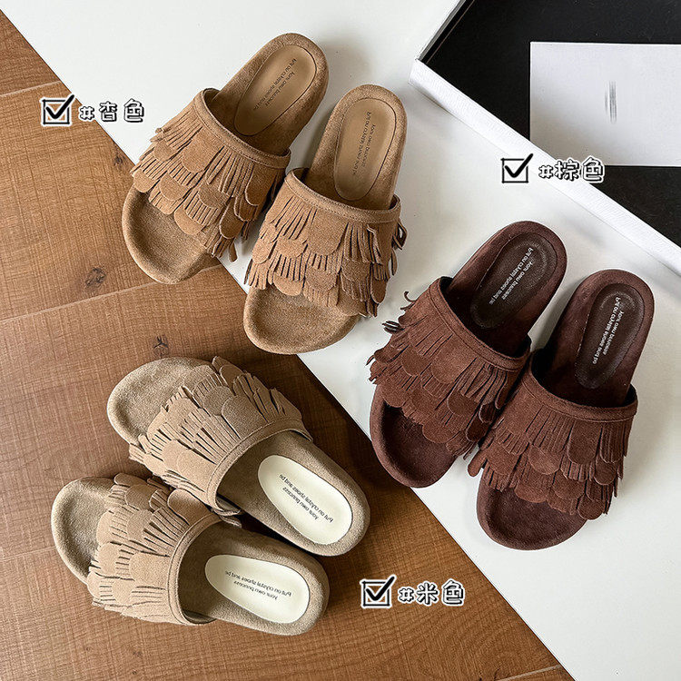 复古风露趾厚底凉拖鞋女鞋2025夏季新款圆头流苏一脚蹬舒适一字拖,户外/登山/野营/旅行用品,登山鞋/徒步鞋,淘宝优惠券,粉丝福利购,淘宝优惠卷