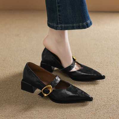 2025新款真皮复古百搭尖头粗跟单鞋女一字式扣带简约气质玛丽珍鞋