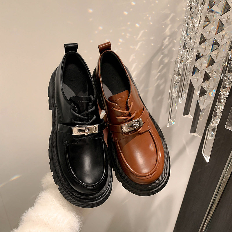 法式复古锁扣乐福鞋女2023新款黑色英伦风厚底玛丽珍小皮鞋jk单鞋
