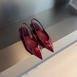 法式车厘子红色浅口单鞋女漆皮2025夏季新款尖头包头凉鞋平底坡跟