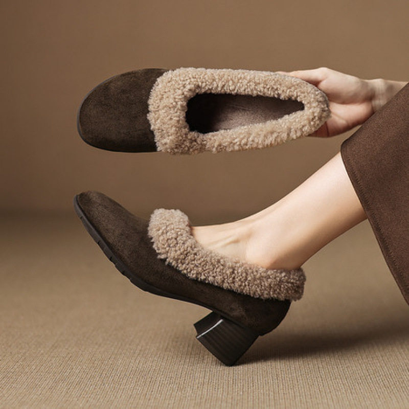 4.5cm法式粗跟高跟羊皮单鞋女秋冬加绒保暖羊毛乐福鞋外穿毛毛鞋