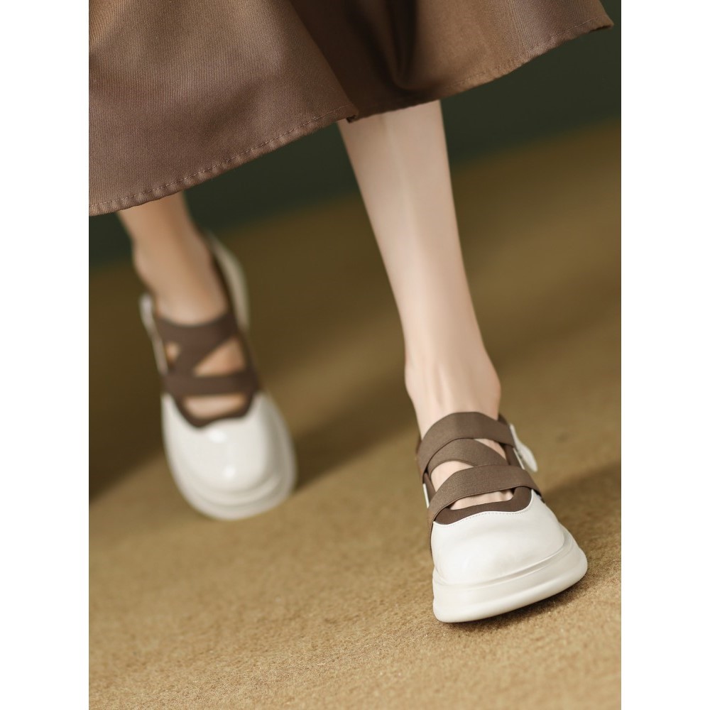 学院风松紧带拼色厚底粗跟玛丽珍