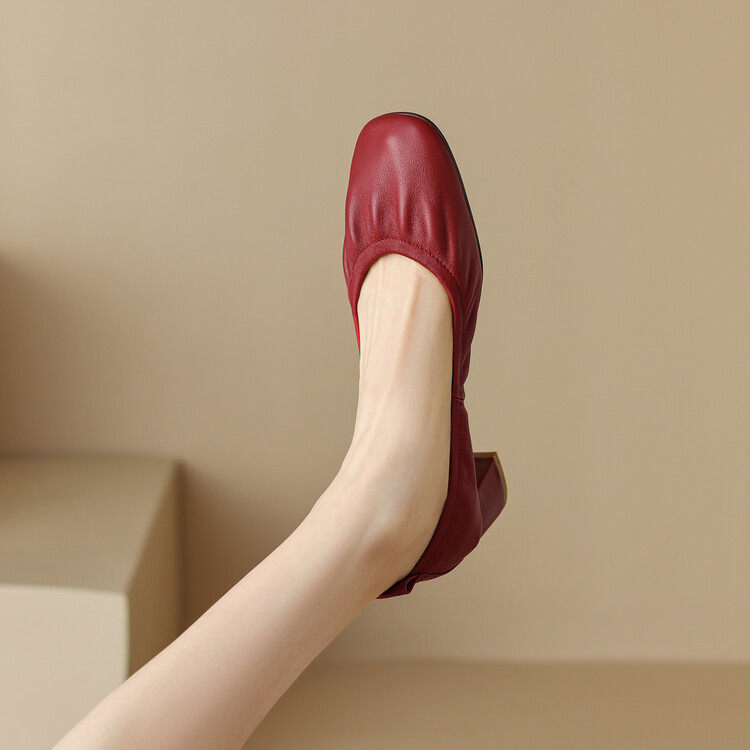 柔软法式温柔奶奶鞋女2023春季新款褶皱浅口方头粗跟中跟蛋卷单鞋