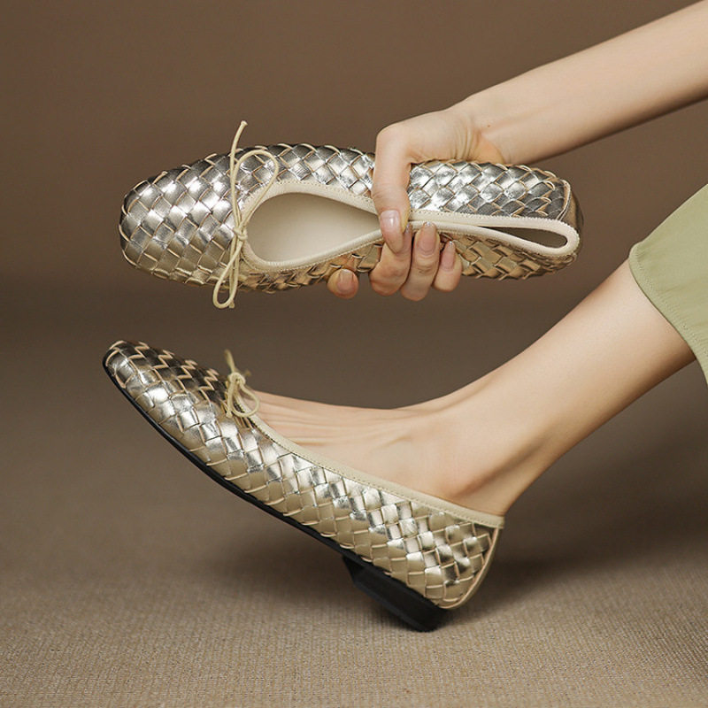 牛皮~法式编织浅口蝴蝶结芭蕾舞鞋女2025春秋真皮一脚蹬平底单鞋,女鞋,时尚芭蕾鞋,淘宝优惠券,粉丝福利购,淘宝优惠卷