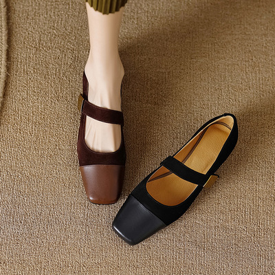 玥莱雅~ 巨显瘦~真皮方头2023金属方扣单鞋女复古舒适粗跟玛丽珍